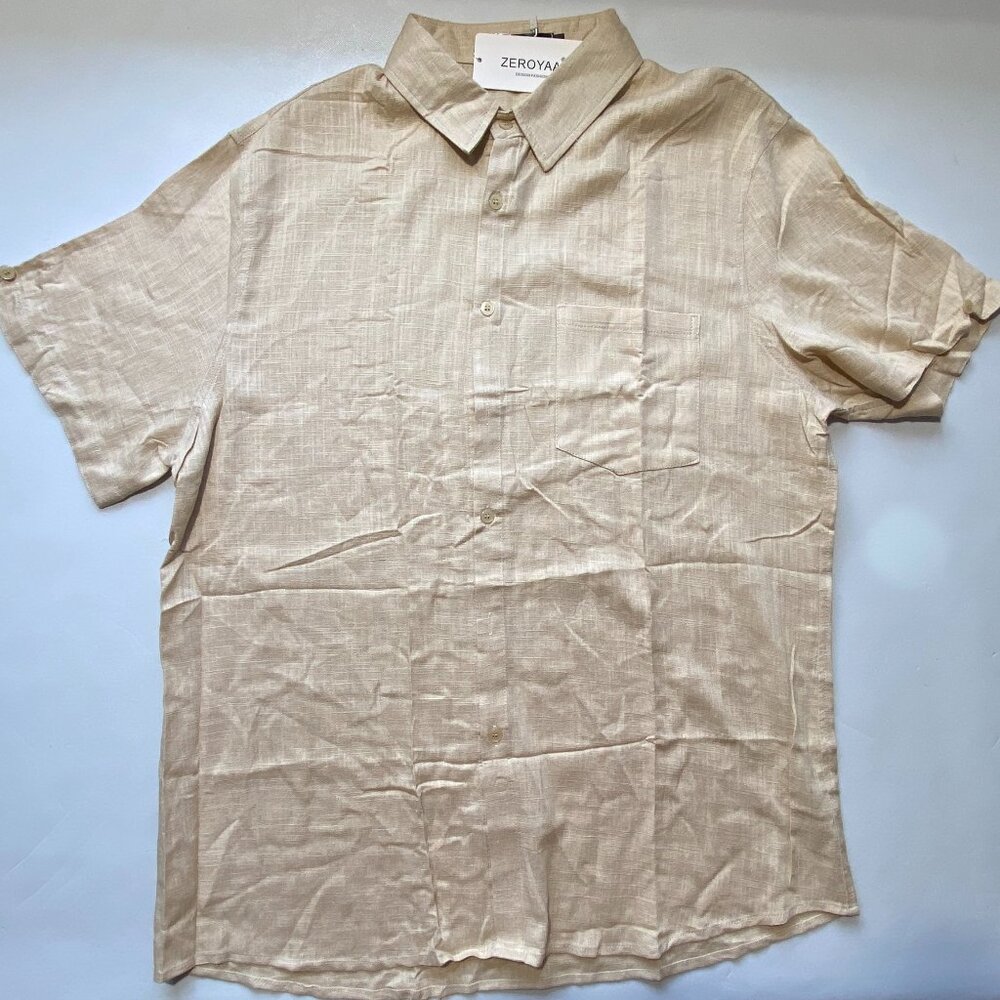 NEW Mens Zeroyaa Linen Rayon Short Sleeve Button Up Shirt Natural Beige